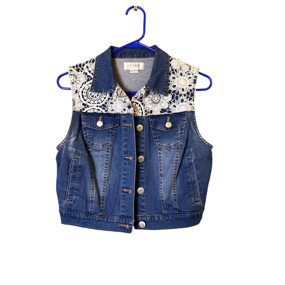 CP Jeans Denim Vest Crochet Lace Western Sleeveless Jean‎ Vest Blue Large Y2K 90